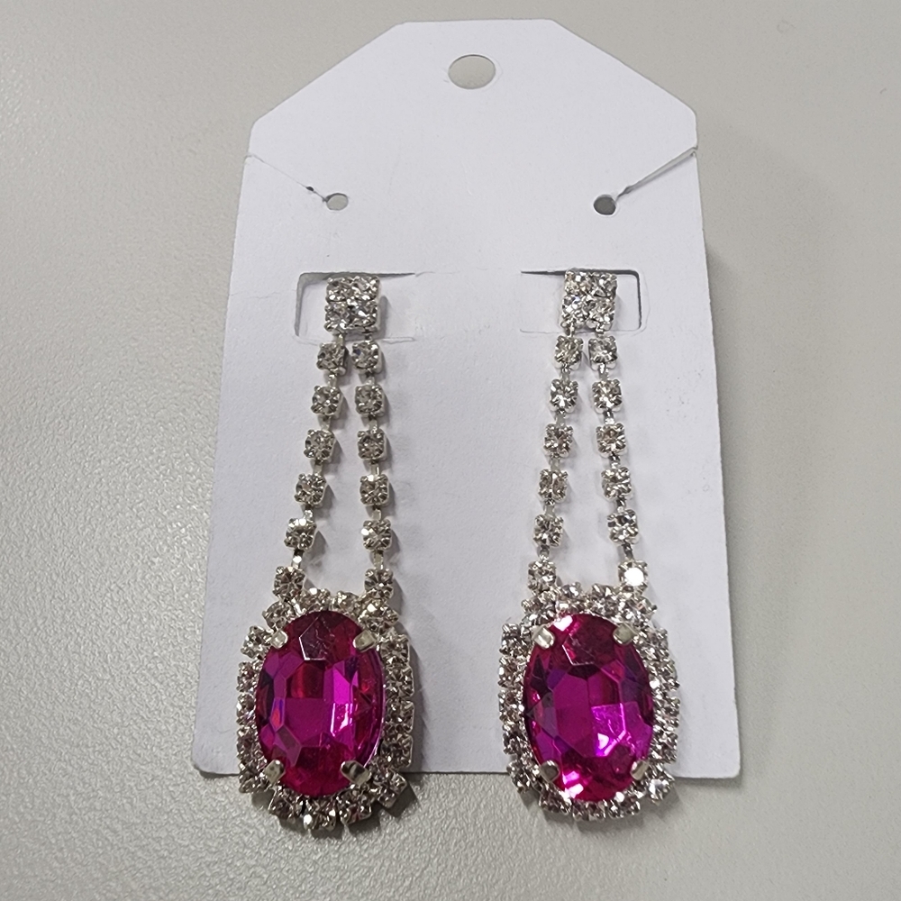 Dazzling Fuchsia Pink Crystal Drop Earrings Silver-Tone Rhinestone Halo Dangle